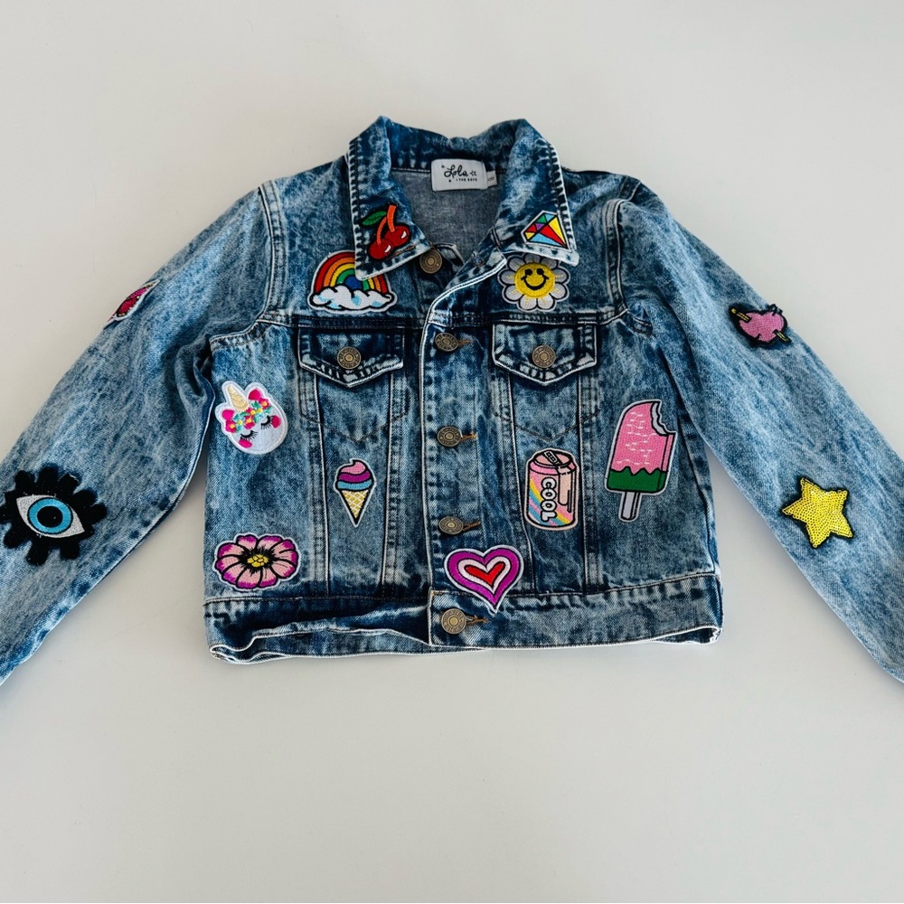 Lola + The Boys Blue Jean Jacket with Colorful Patches